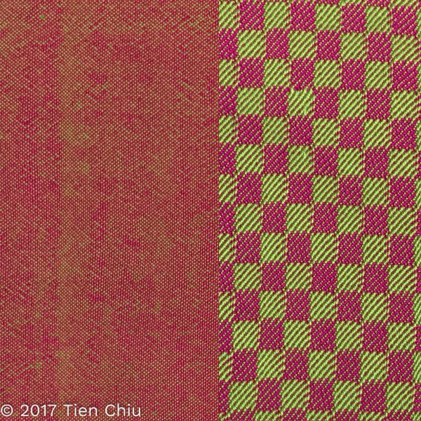 Magenta and green samples, plain weave and twill blocks
