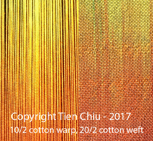 Close-up of painted warp sample showing how to preserve painted warp colors using a finer weft. 10/2 cotton warp, 20/2 cotton weft, sett at 30 epi/12 epc.