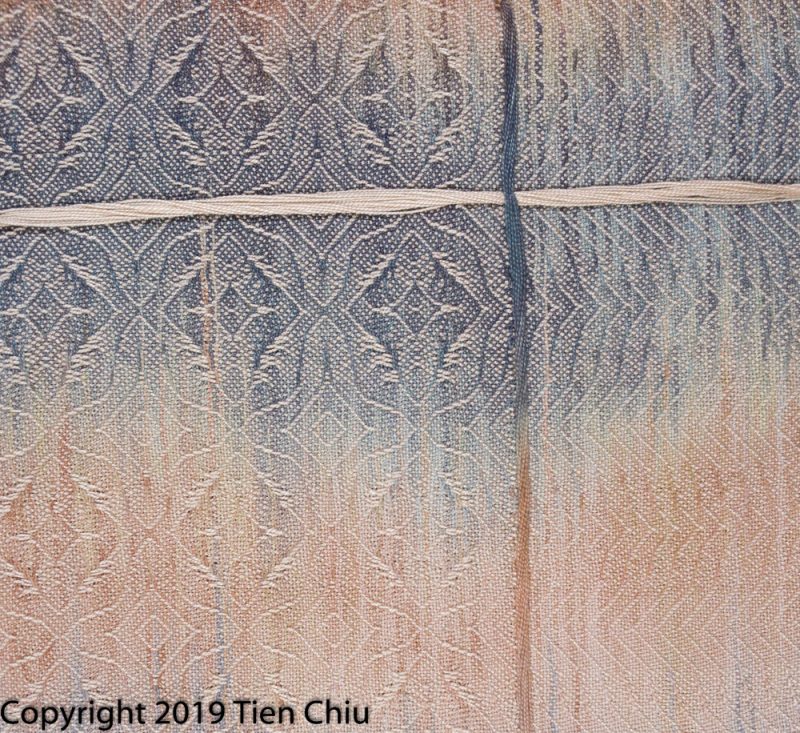 handwoven painted warp sample with tan and gray warp, beige weft