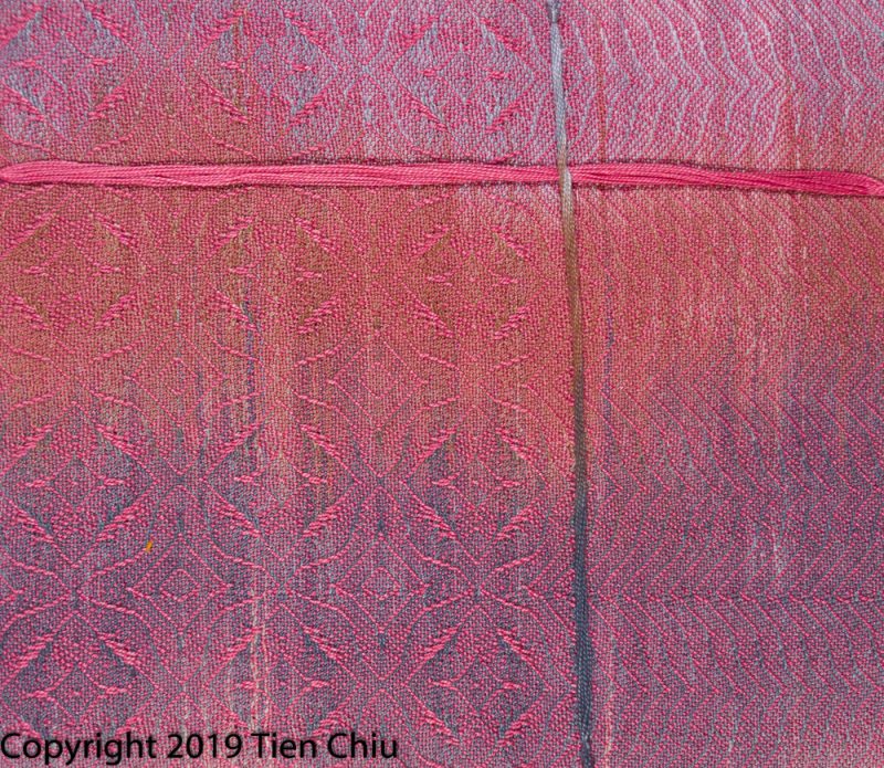 handwoven painted warp sample with tan and gray warp, medium pink weft