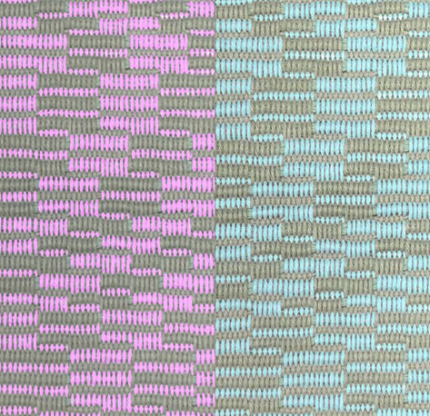 handwoven repp weave sample - turquoise and magenta against gray-green