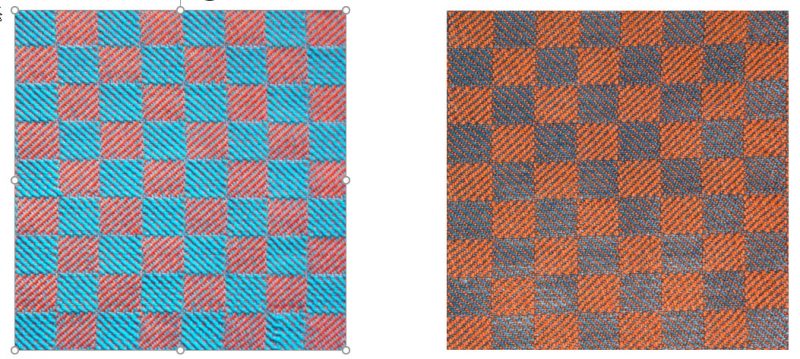 a high-saturation blue and orange swatch on the left, a low-saturation blue and rusty orange swatch on the right