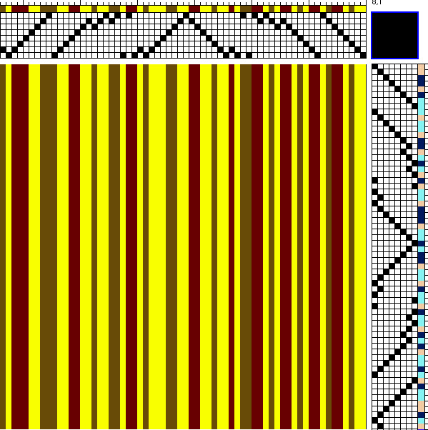 warp for chaotic draft - yellow, dark red, and dark golden brown in random stripes