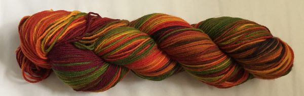 handpainted skein, rewound to show the color blending
