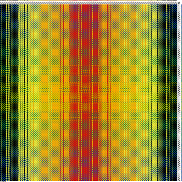 3-1 twill draft, showing mostly warp colors (red orange yellow) with very little influence of weft.