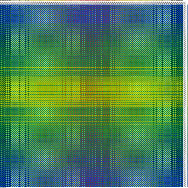 1-3 twill draft, showing the reverse side, weft-dominant (mostly blue-green-yellow-green weft showing)