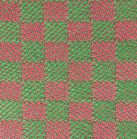 separating draft swatch - 1/3 vs. 3/1 twill blocks, green and magenta yarns