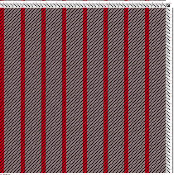 3/1 twill with gray-brown warp striped with thin stripes of brilliant red